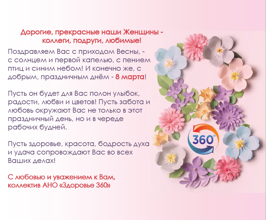 Коллектив АНО "Здоровье 360" искренне поздравляет женщин с Праздником 8 Марта!